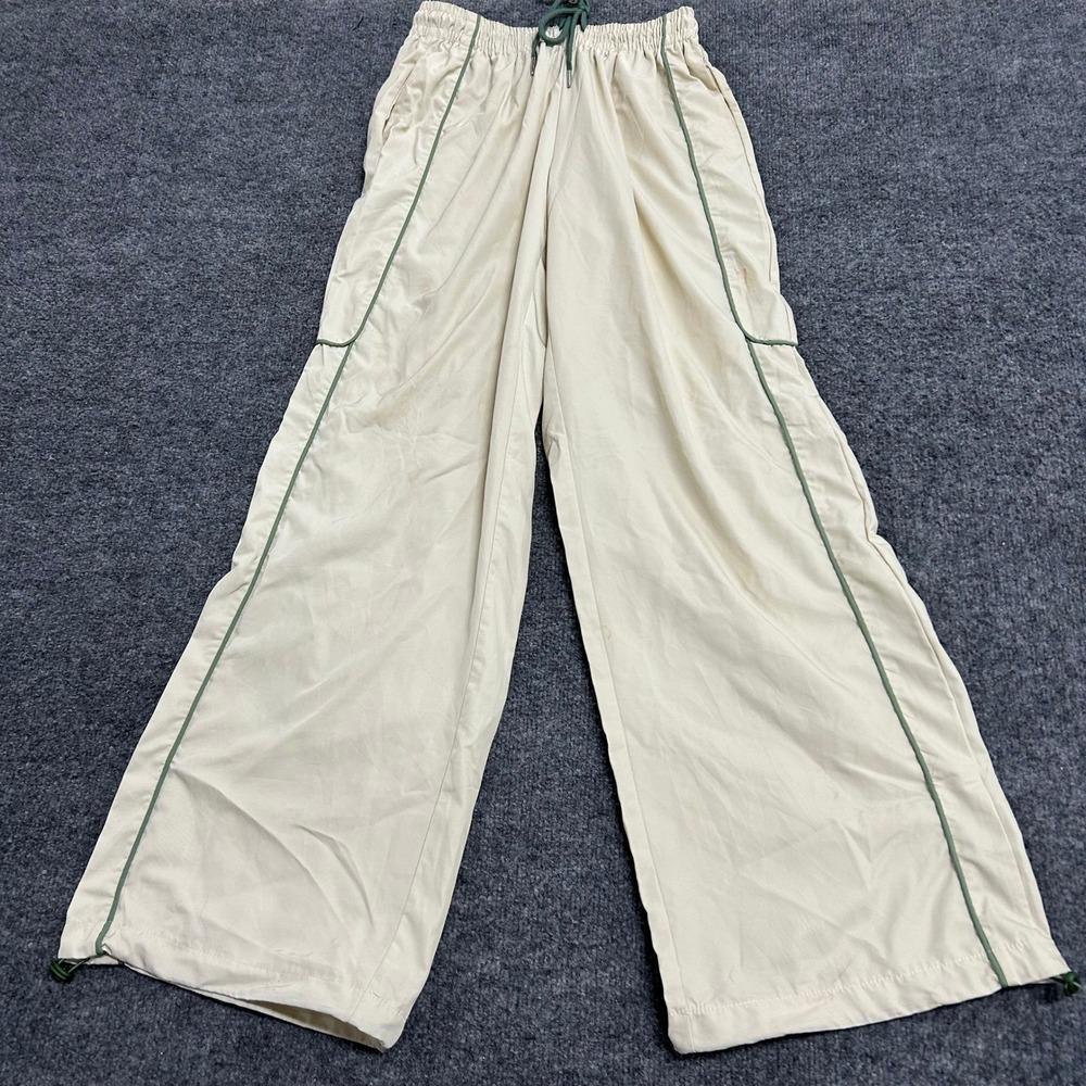 Edikted Track Pants Womens Size S Beige Green Piping Wide Leg Streetwear Nylon
